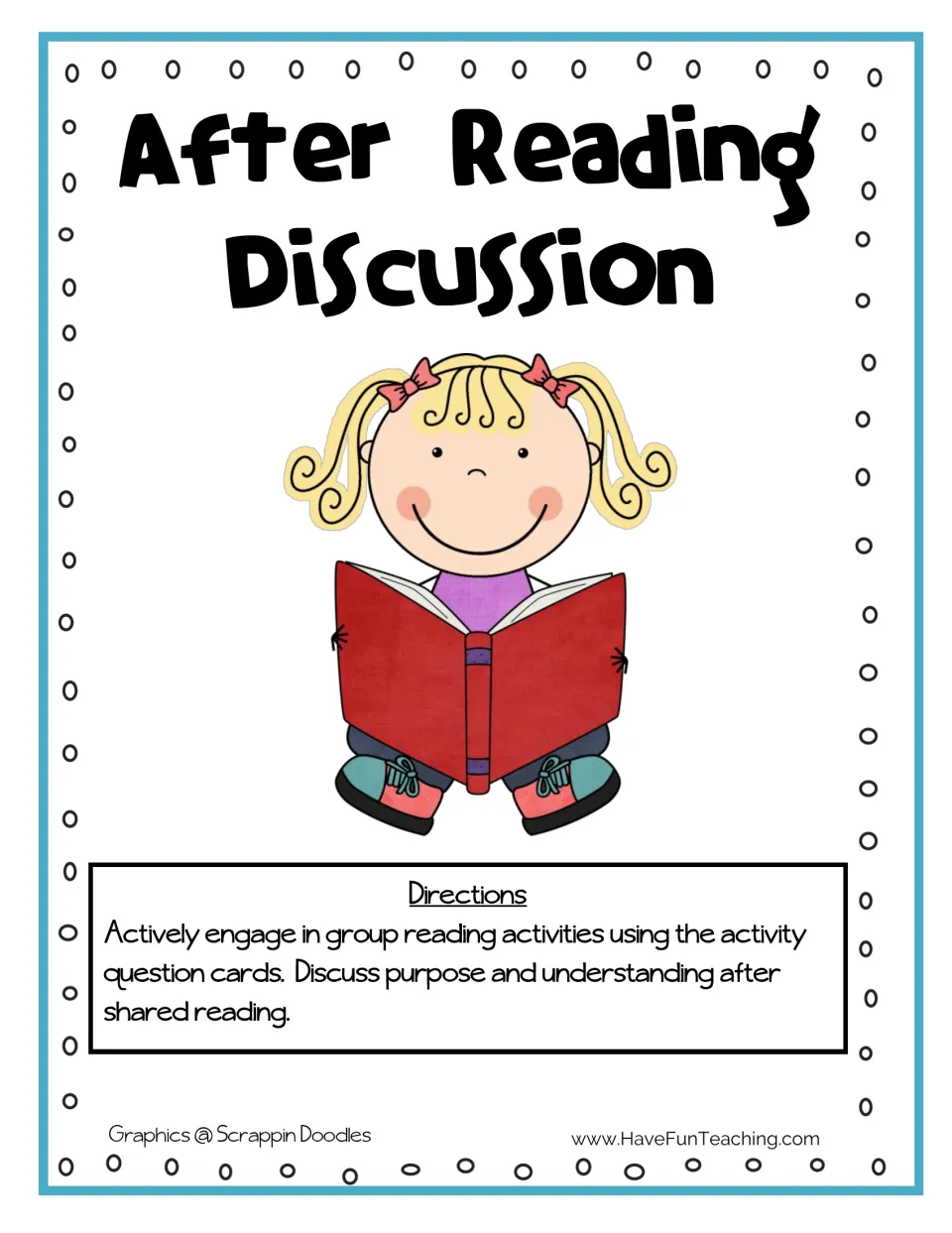 After Reading Discussion cover: girl reading a red book above directions to discuss question cards after shared reading