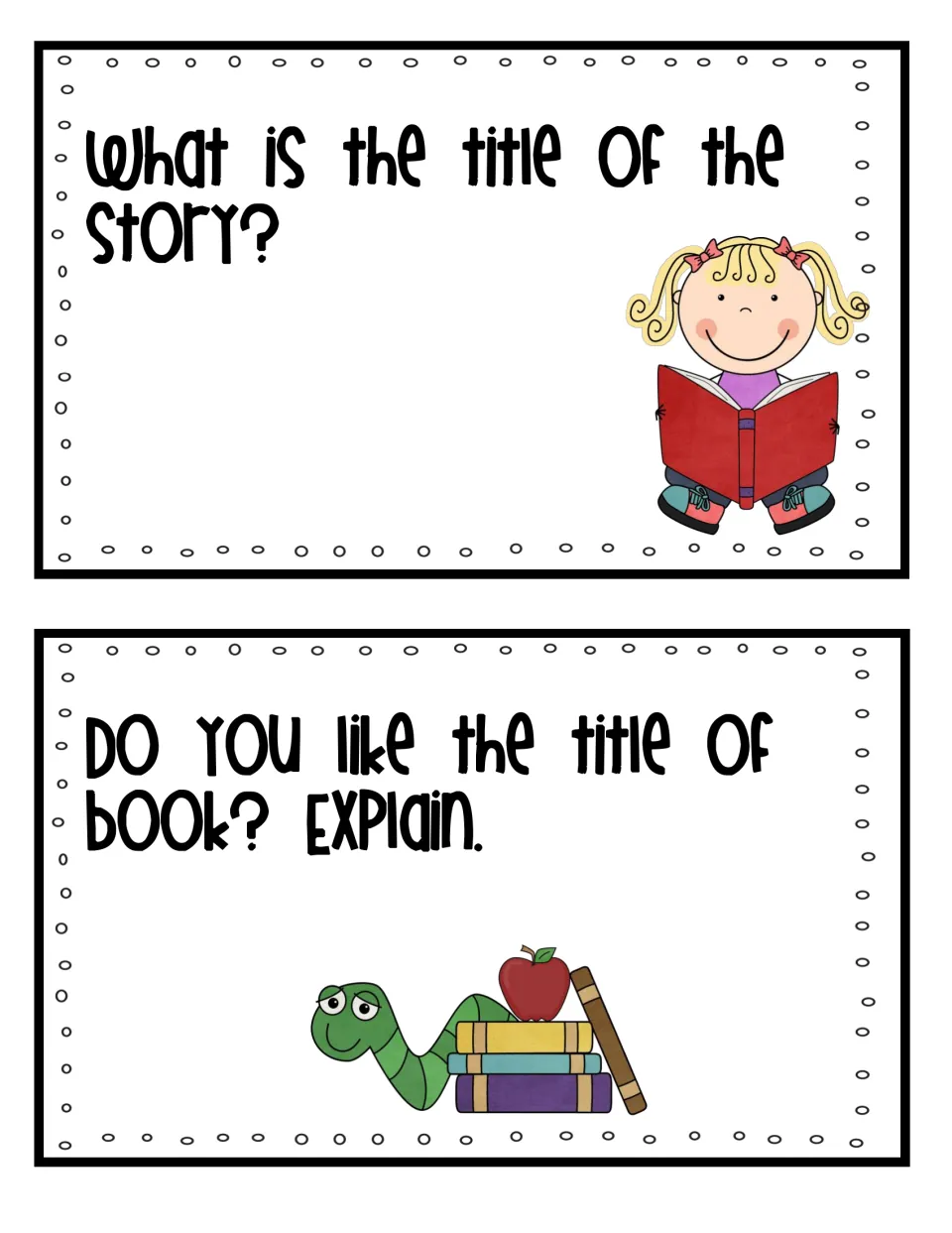 Book title question cards: students name the story's title and explain whether they like the title of the book