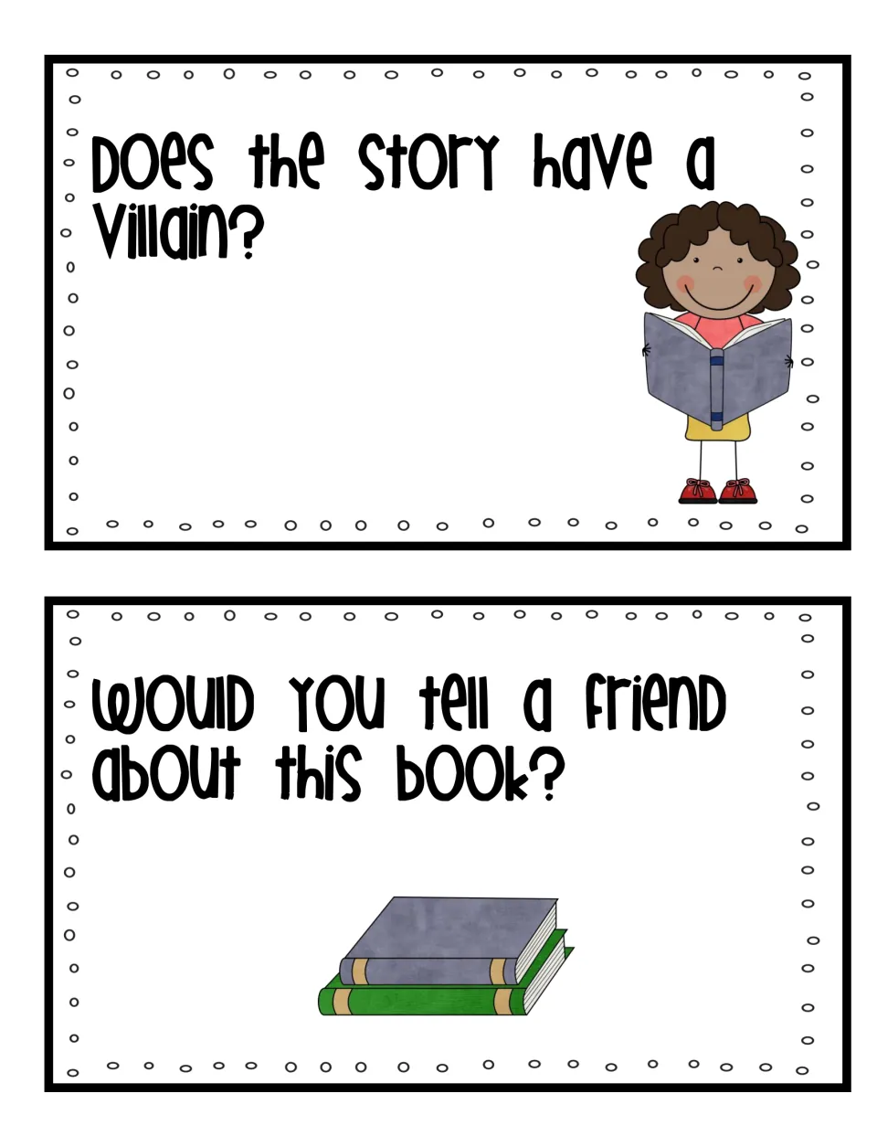 Villain and recommendation cards: students say if the story has a villain and whether they'd tell a friend about it