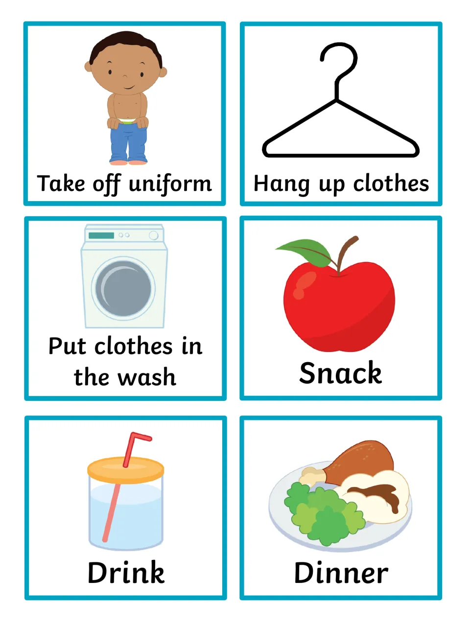 After-school routine cards with a boy: take off uniform, hang up clothes, put clothes in the wash, snack, drink, dinner