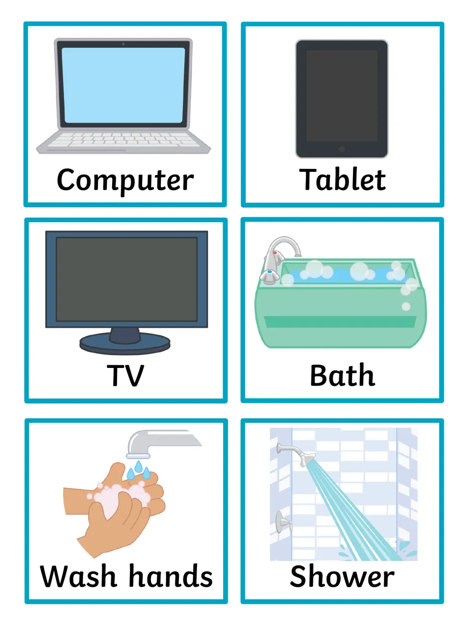 Screen time and hygiene picture cards: computer, tablet, TV, bath, wash hands and shower, each labeled under its picture