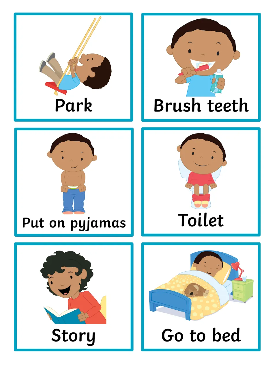Bedtime cards showing a boy at the park, brushing teeth, putting on pyjamas, on the toilet, story time and going to bed