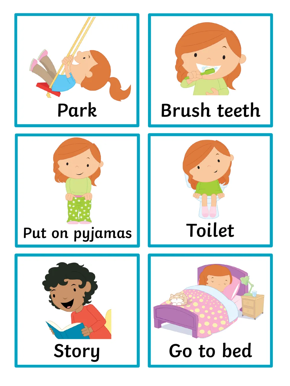 Bedtime cards with a girl: park on a swing, brush teeth, put on pyjamas, toilet, reading a story and go to bed with a cat