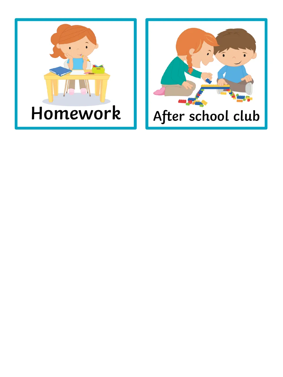Homework card showing a girl writing at a desk, plus a card of two children building with bricks for after school club