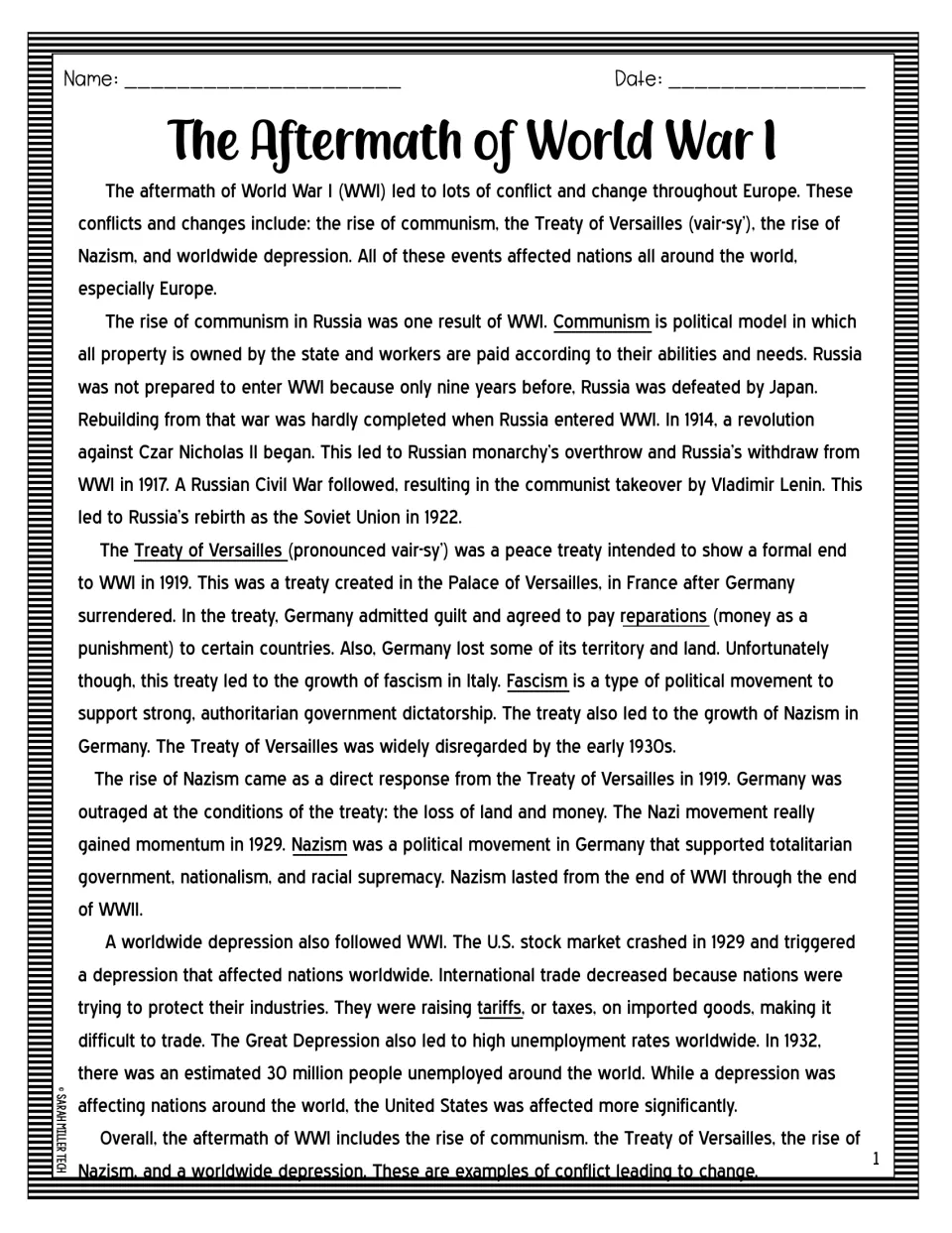 Post-WWI changes passage: students read about communism in Russia, the Treaty of Versailles, Nazism and the Depression