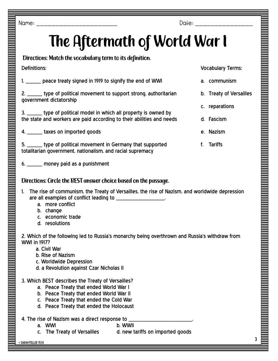 Vocabulary and comprehension: students match six terms like reparations and tariffs, then answer four multiple-choice items