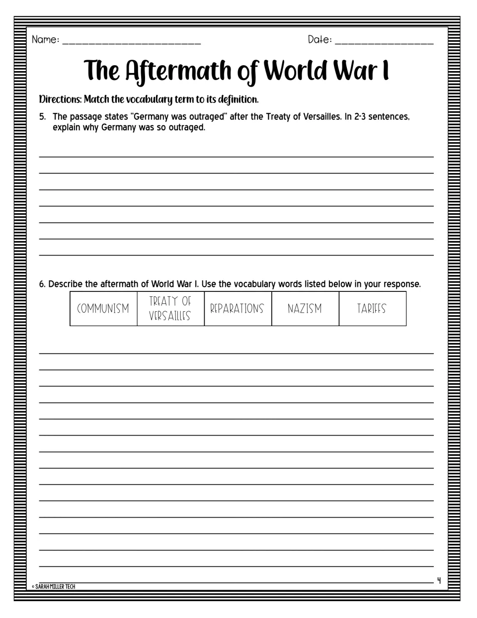 Written response: students explain why Germany was outraged by the treaty, then describe postwar events with five terms