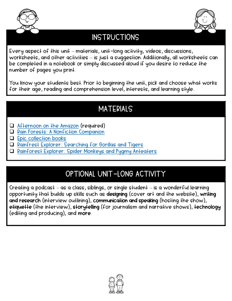 Unit instructions, a materials list of rainforest books and an optional podcast project to run across the unit