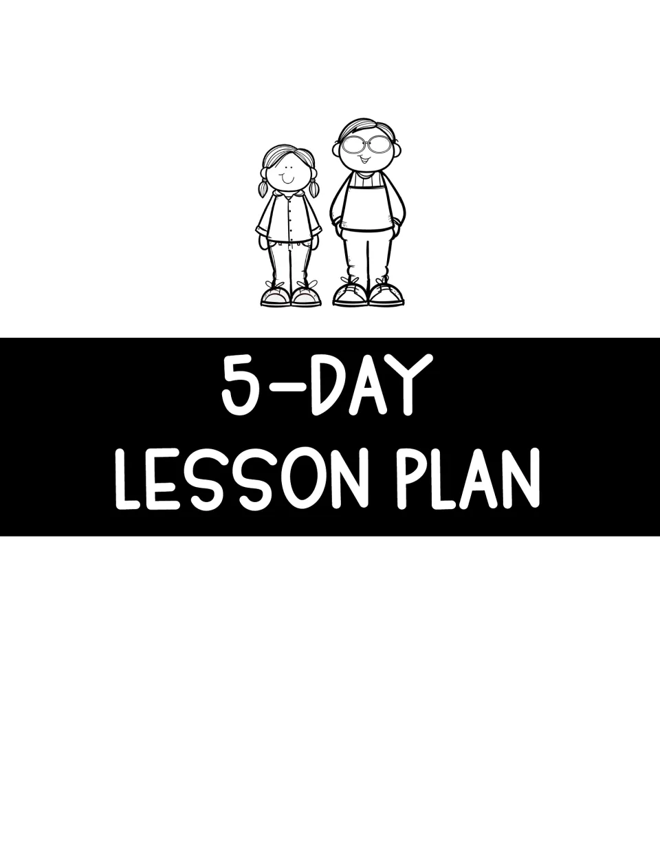 5-Day Lesson Plan section divider with black-and-white cartoon children above the heading