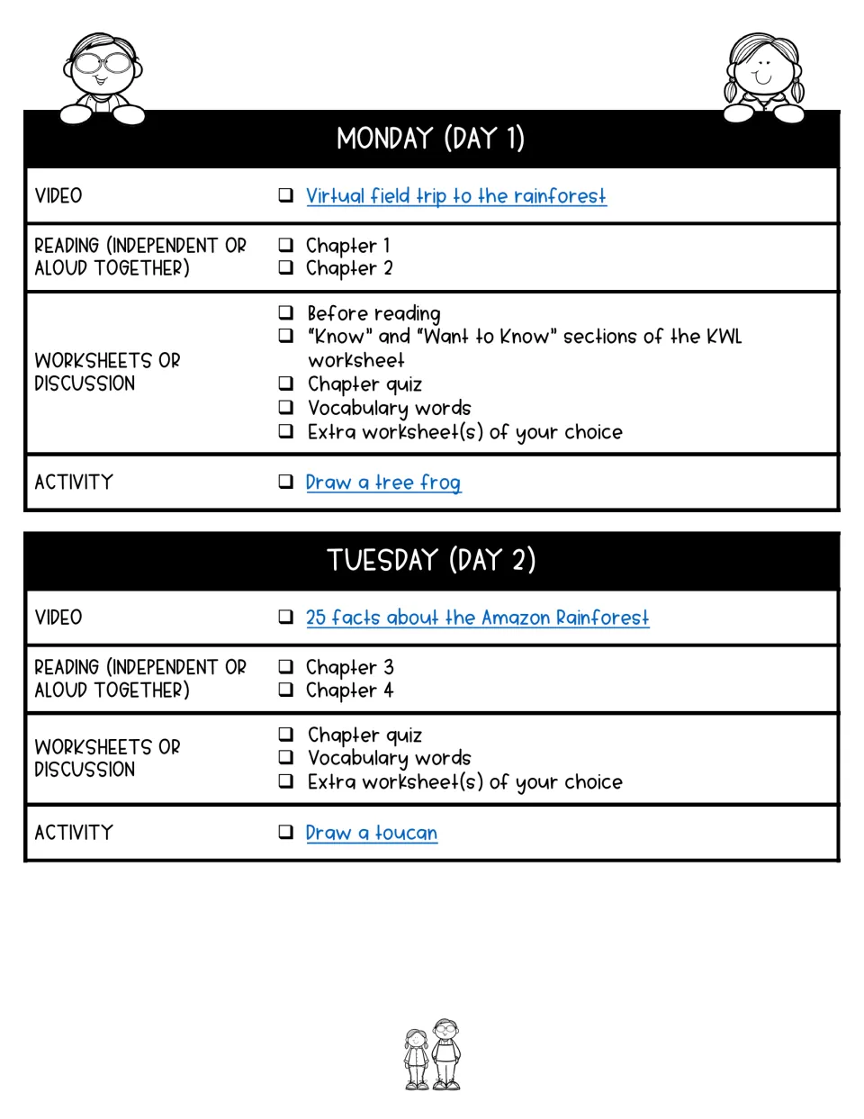 Day 1 and Day 2 plans: rainforest videos, chapters 1-4, KWL, quizzes, vocabulary and drawing a tree frog and toucan