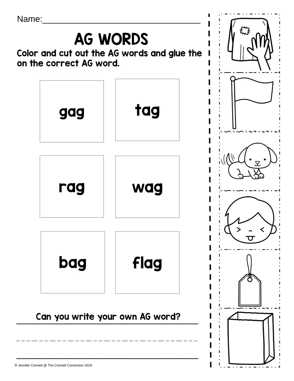 AG picture-to-word matching activity for gag, tag, rag, wag, bag, and flag, plus a prompt to write an AG word