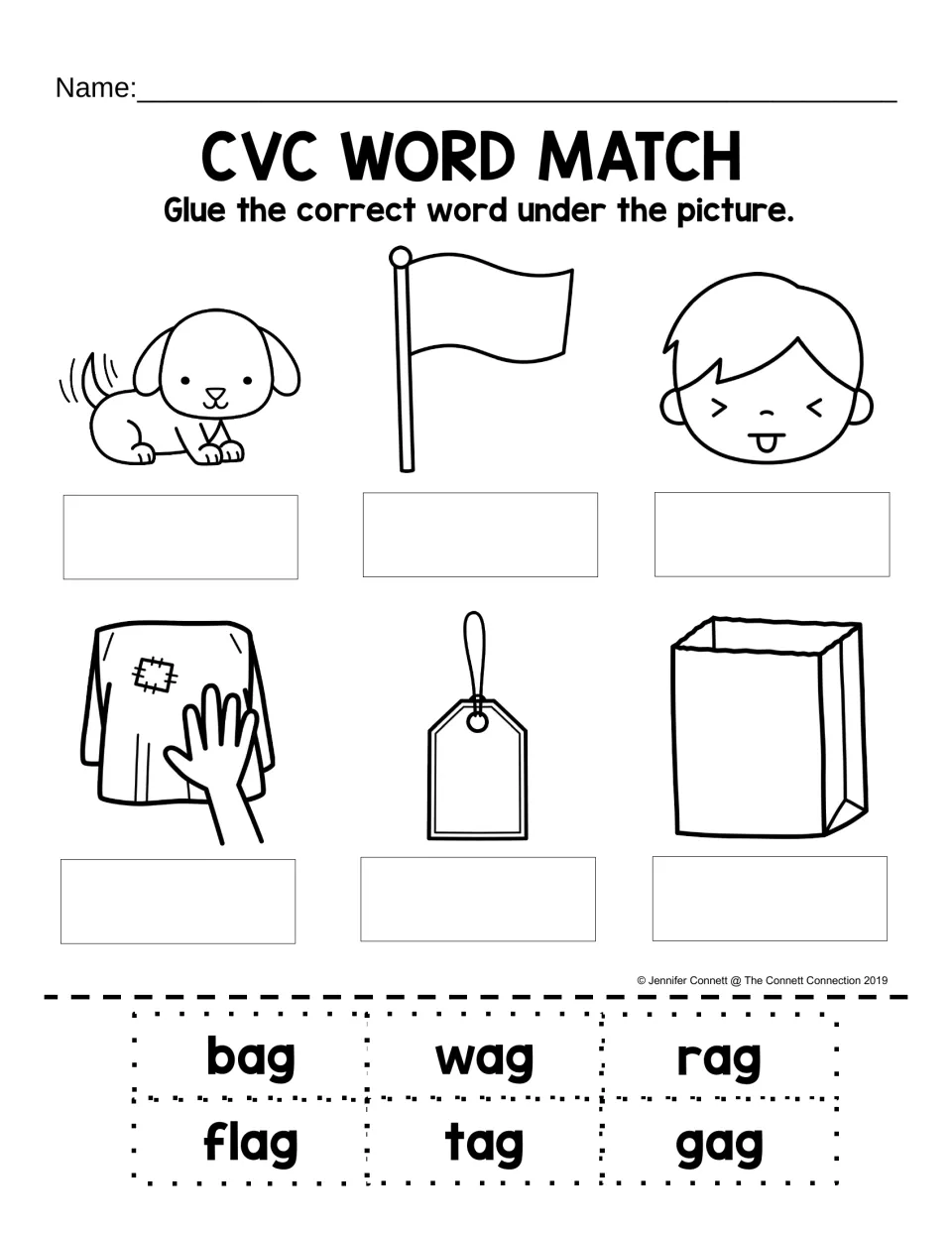 AG word-to-picture matching activity using six cutout words: bag, wag, rag, flag, tag, and gag