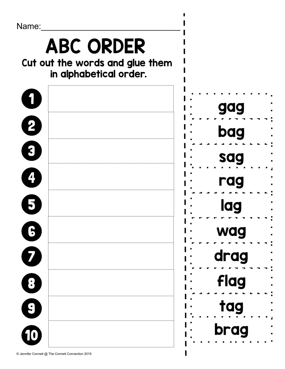 AG alphabetical order activity using ten words: gag, bag, sag, rag, lag, wag, drag, flag, tag, and brag