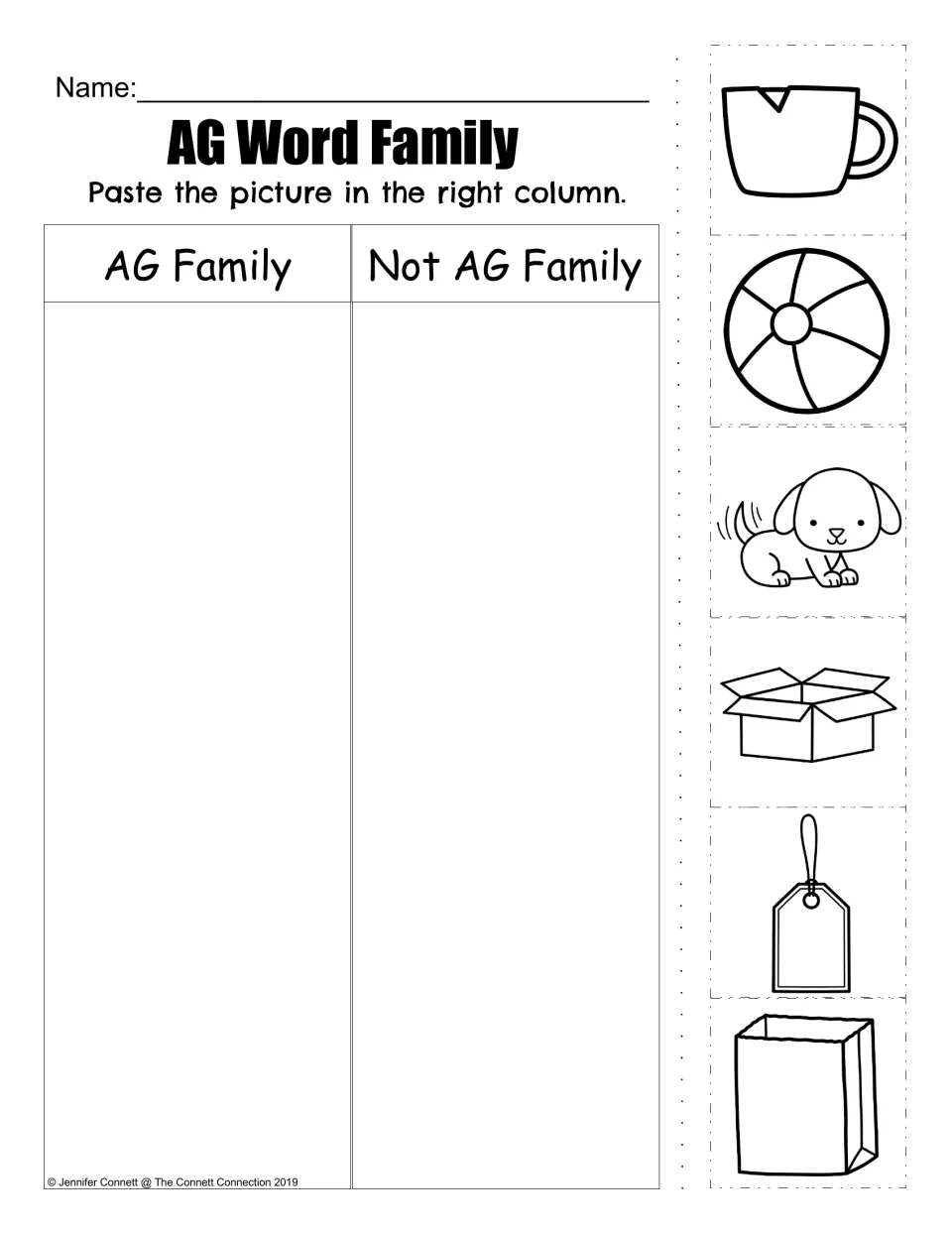 AG family picture sort using a cup, ball, wagging dog, box, tag, and bag to identify AG and non-AG words