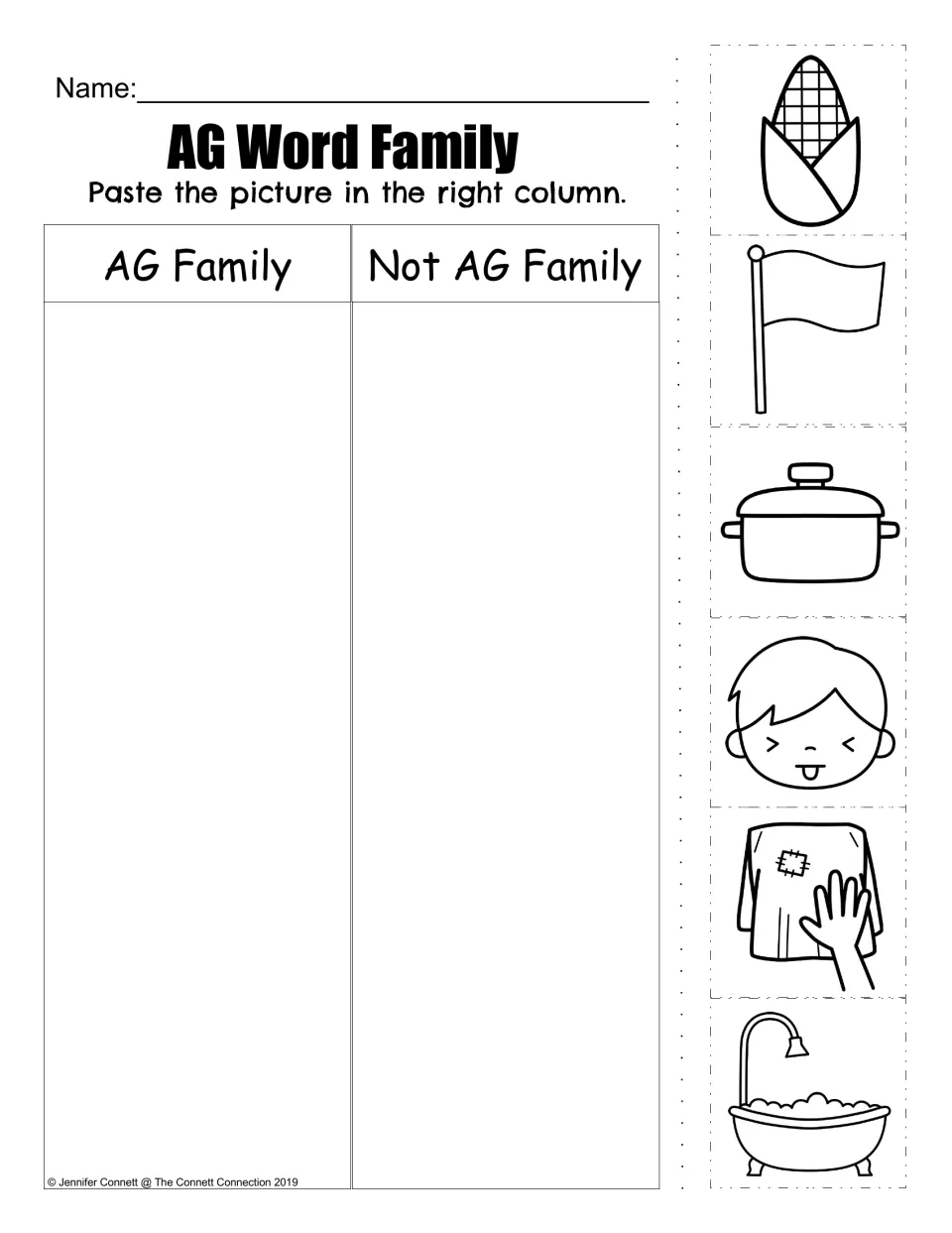 Second AG family picture sort using corn, flag, pot, gag, rag, and tub to identify AG and non-AG words