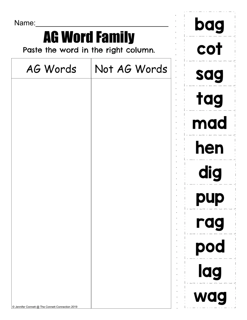 AG word sort with twelve cutouts, including bag, cot, sag, and tag, to separate AG words from other words