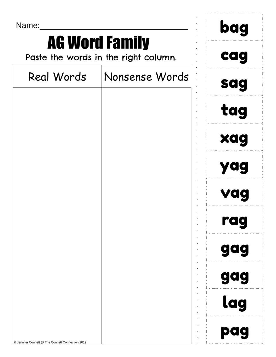 AG real and nonsense word sort with twelve cutouts, including bag, cag, sag, tag, xag, yag, and vag