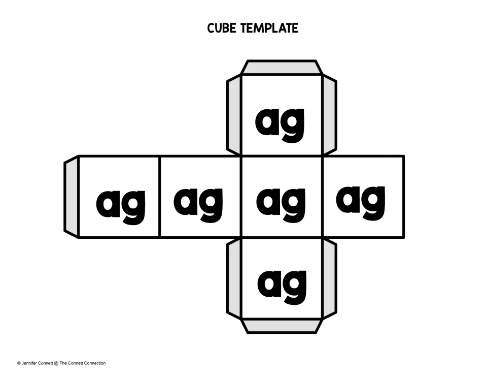 Word family cube: students cut out and fold a die printed with the ending ag on all six faces for a rolling game