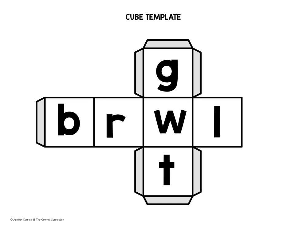 Onset letter cube: students build a die with b, r, w, l, t and g to roll beside the ag die and blend new -ag words
