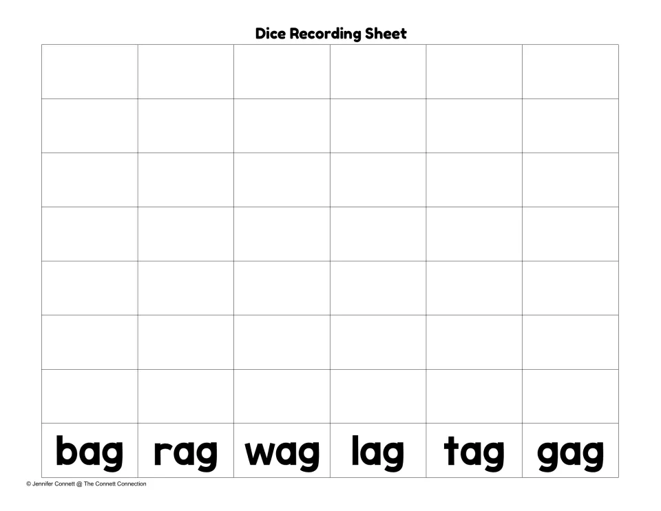Dice recording sheet: students roll, blend and write each word in the column for bag, rag, wag, lag, tag or gag