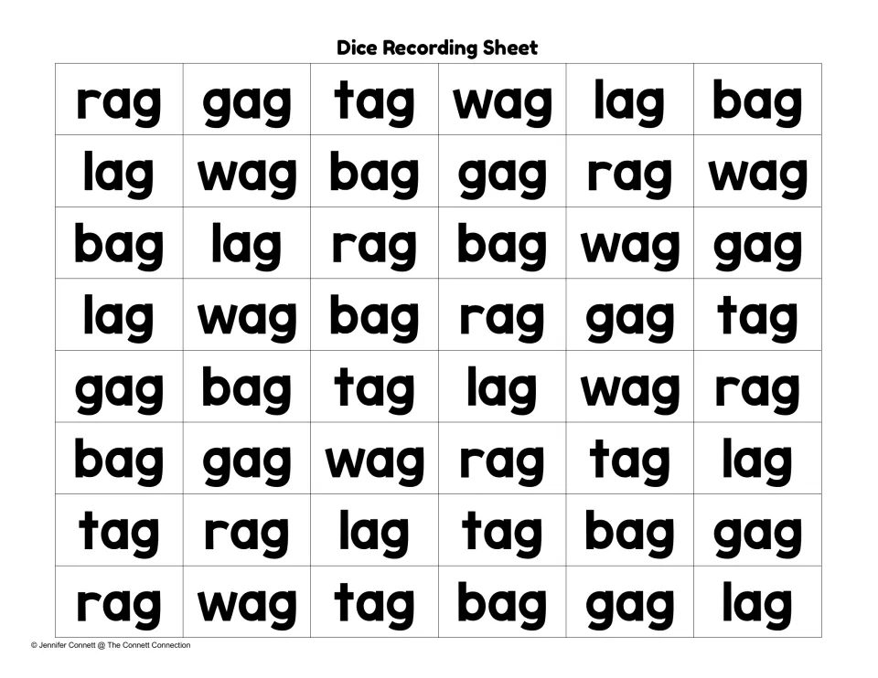 Dice recording sheet of 48 printed -ag words (rag, gag, tag, wag, lag, bag) where students find and mark each word rolled
