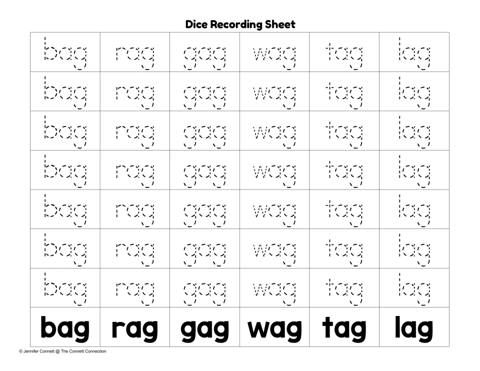Traceable dice recording sheet: students trace a dotted bag, rag, gag, wag, tag or lag in the column of each word rolled