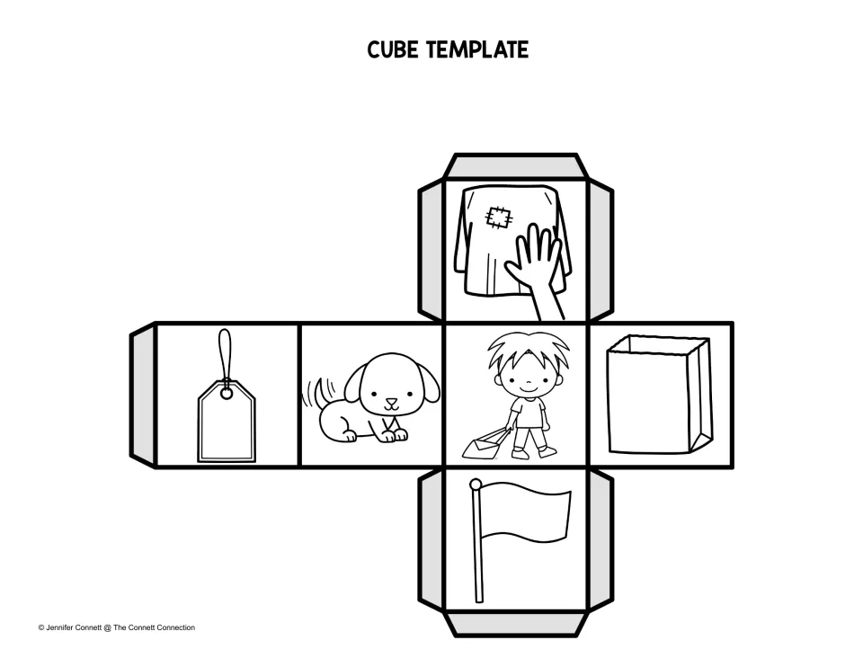 Line-art picture cube: students cut out a die showing a tag, wagging dog, boy dragging a bag, paper bag, flag and rag