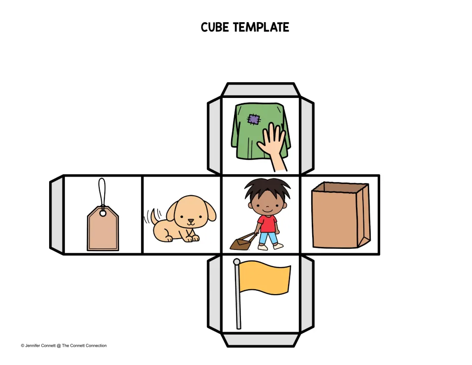 Color picture cube: students cut and fold a die with a tag, wagging puppy, boy dragging a bag, paper bag, flag and rag