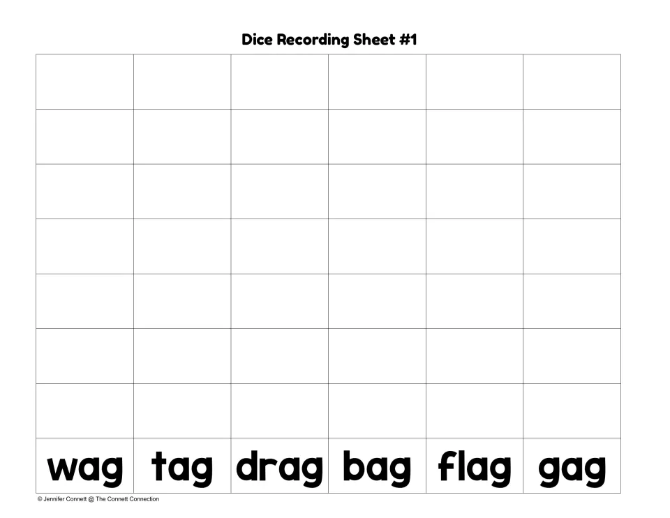 Dice Recording Sheet #1: students roll a die and write wag, tag, drag, bag, flag or gag in the matching column