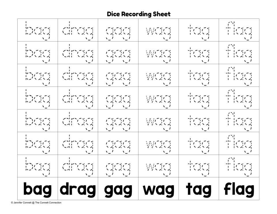 Traceable recording sheet: students trace dotted bag, drag, gag, wag, tag or flag in the column for each word rolled