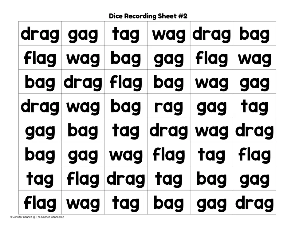 Dice Recording Sheet #2: 48 printed -ag words including drag, flag, bag, gag, tag and wag for students to find and mark