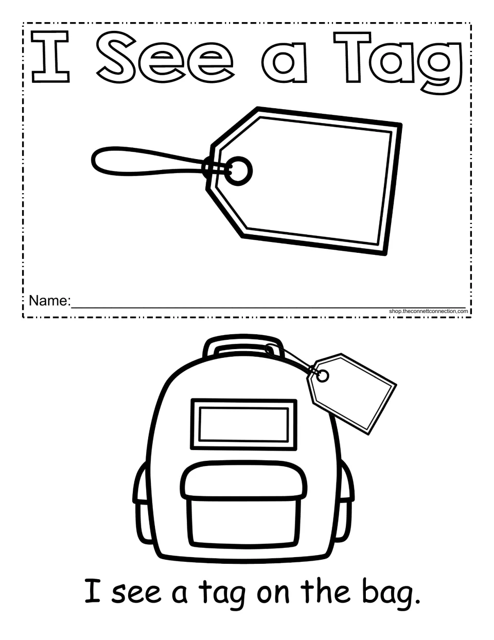 I See a Tag mini-book cover with a name line, plus page one: a backpack with a tag over "I see a tag on the bag."