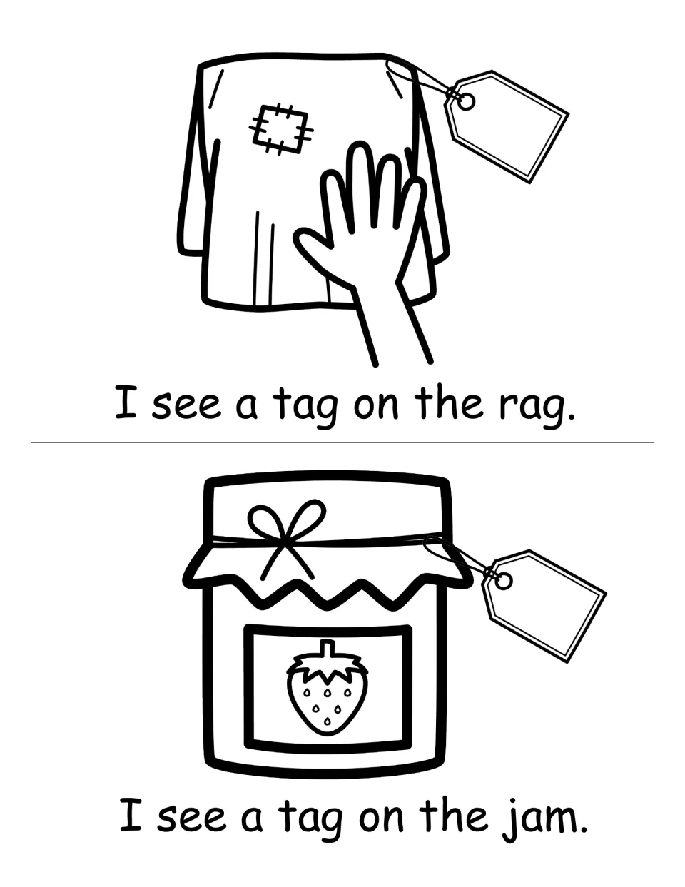 -ag and -am reading: students read "I see a tag on the rag" and "I see a tag on the jam" beside a tagged rag and jam jar