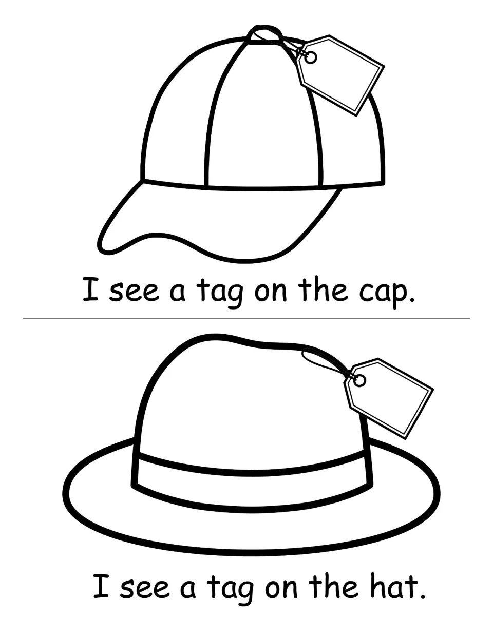 Short a sentences to read: "I see a tag on the cap" under a baseball cap and "I see a tag on the hat" under a brimmed hat