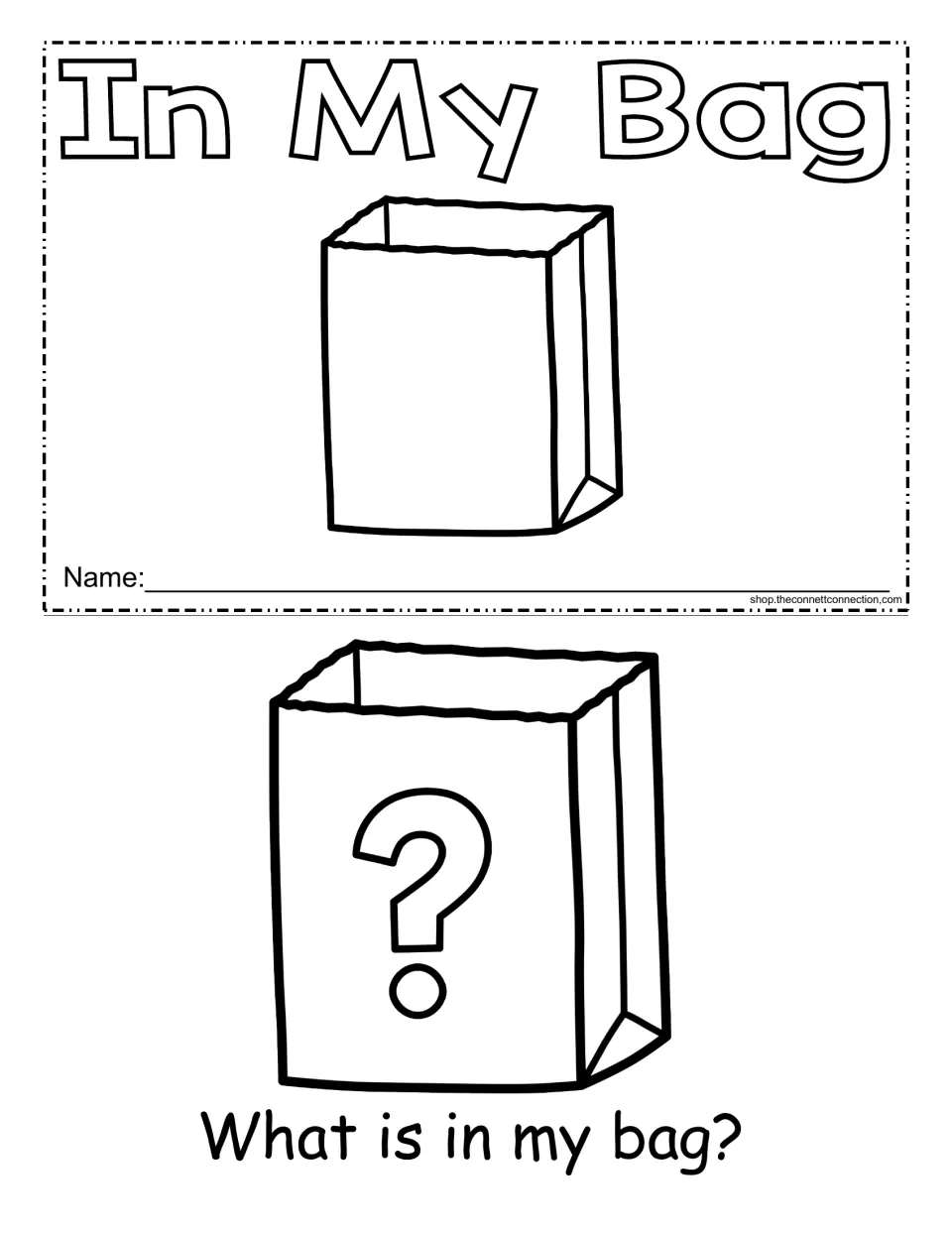 In My Bag reader cover with a paper bag and name line, then the opening page asking "What is in my bag?" by a mystery bag