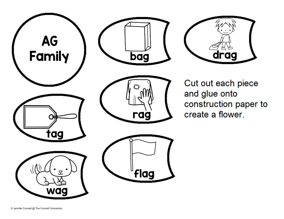 AG word family: students cut out a center and six labeled picture petals (bag, drag, rag, tag, flag, wag) to build a flower