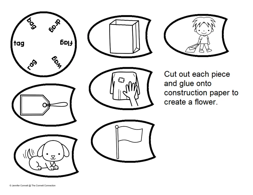 AG word matching: flower center lists six -ag words; students cut out unlabeled picture petals and glue each by its word