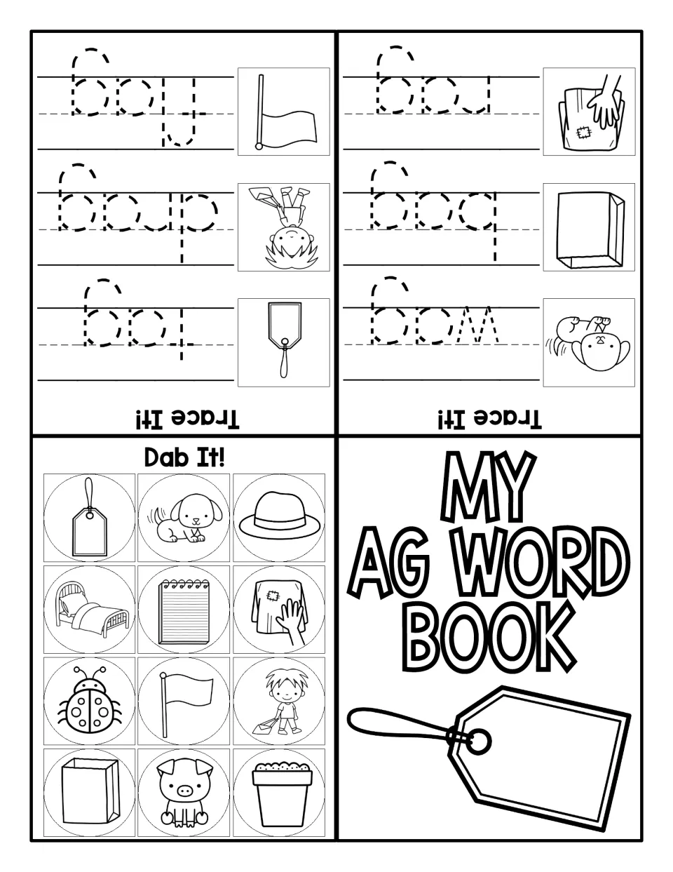 My AG Word Book foldable: students trace flag, drag, tag, rag, bag and wag, then dab the pictures of -ag words
