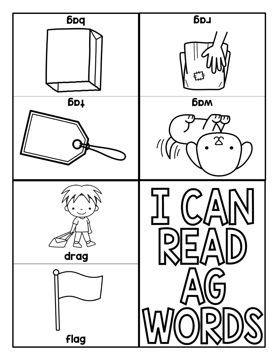 I Can Read AG Words booklet: six picture pages labeled bag, rag, tag, wag, drag and flag for students to read aloud