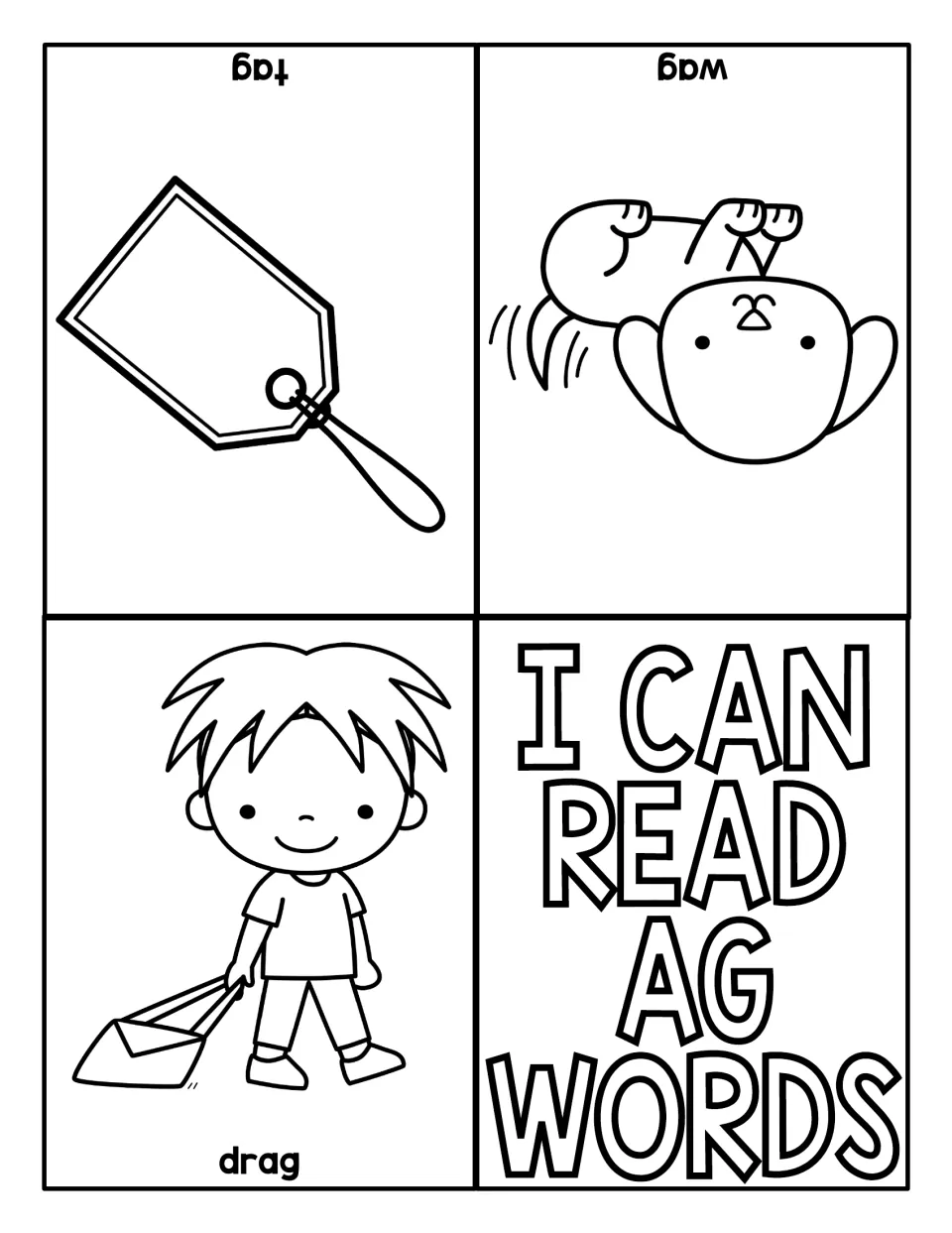 Short -ag word reader: students read tag, wag and drag, each printed under a matching picture of a tag, dog and boy