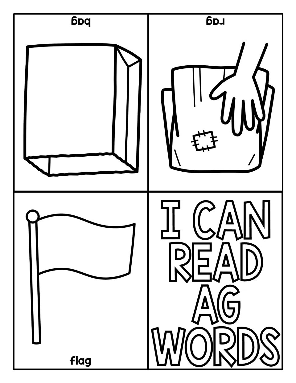 Short -ag word reader: students read bag, rag and flag, each printed under a matching picture of a bag, rag and flag