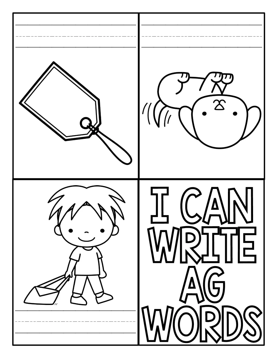 I Can Write AG Words: students write the -ag word for pictures of a tag, a wagging dog and a boy dragging a bag