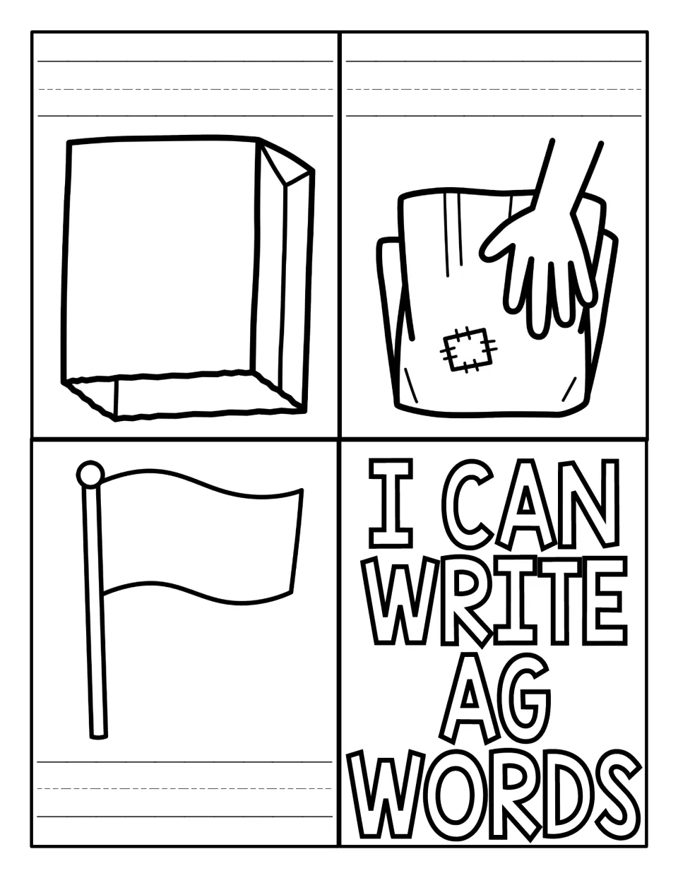 Writing -ag words from pictures: students spell bag, rag and flag for each drawing in the I Can Write AG Words booklet