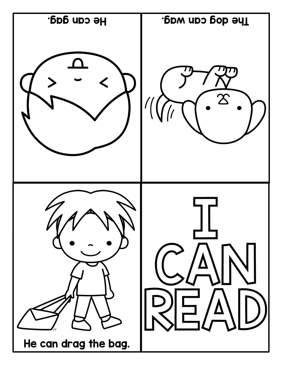 Decodable -ag sentence reader: He can drag the bag, The dog can wag and He can gag, each with a matching drawing