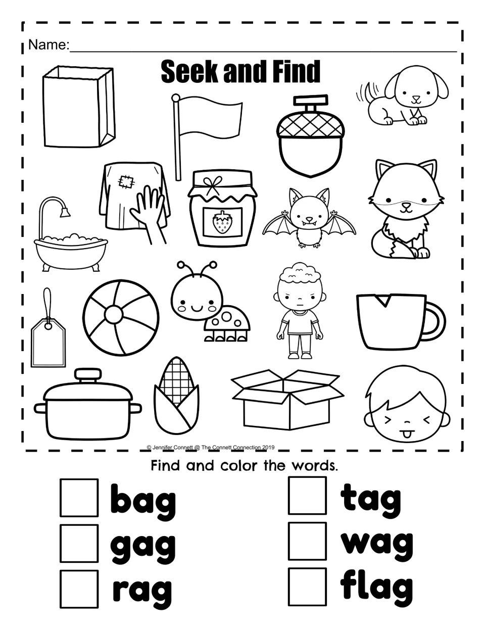 AG word family seek-and-find activity: find and color pictures for bag, gag, rag, tag, wag, and flag.