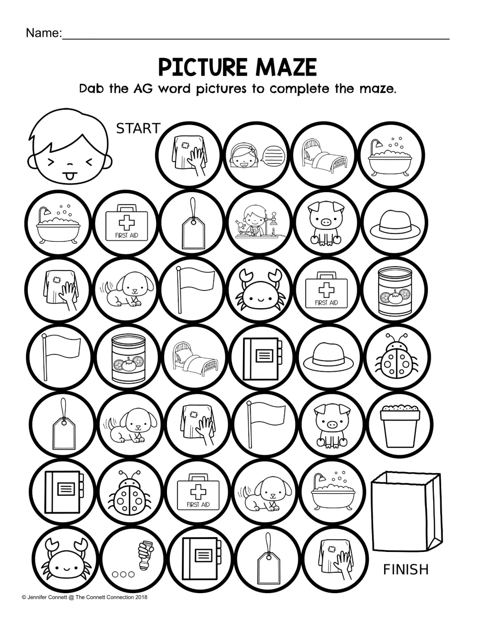 AG word family picture maze: dab pictures of rag, tag, flag, and wag to follow the path from start to finish.
