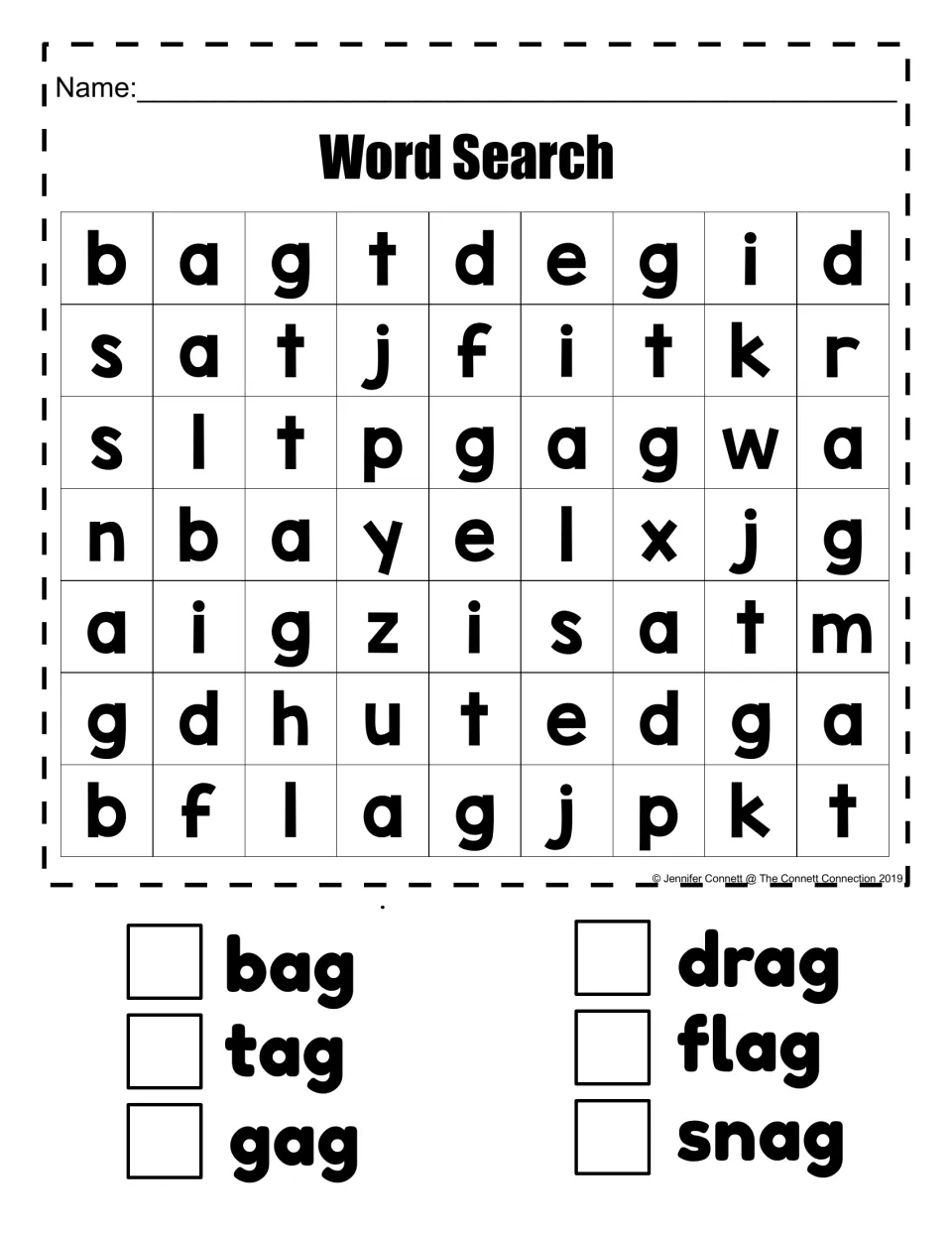 AG word family word search: find bag, tag, gag, drag, flag, and snag among the letters and check each word.