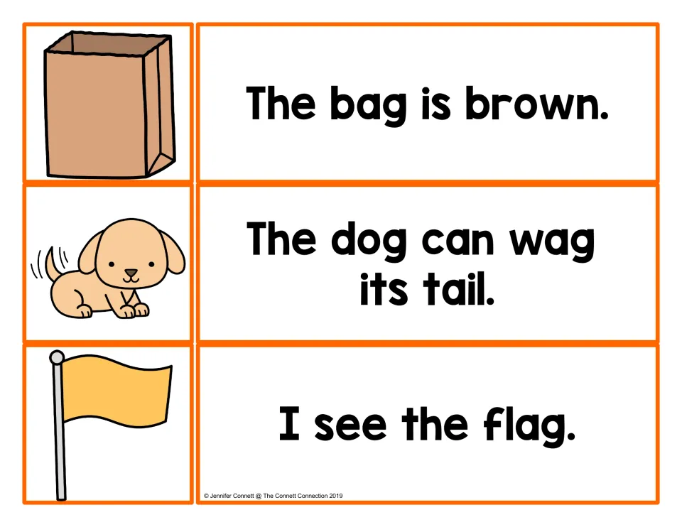 -ag word family cards: match pictures of a bag, a dog wagging and a flag to sentences such as "I see the flag."