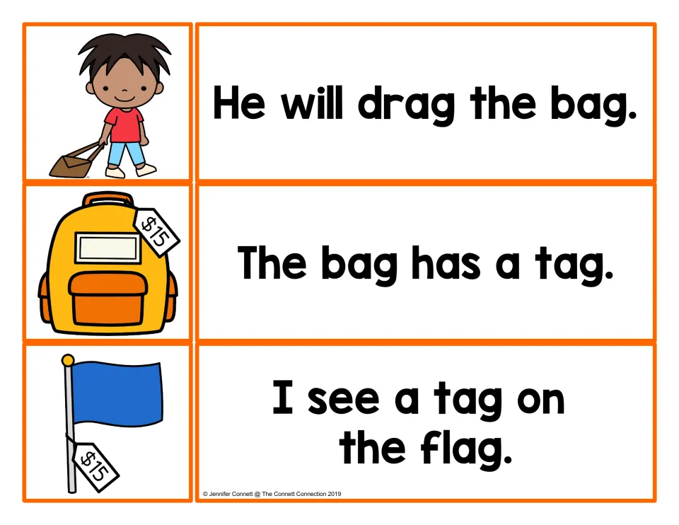 -ag sentence cards: match a boy dragging a bag, a backpack with a tag and a tagged flag to their sentences