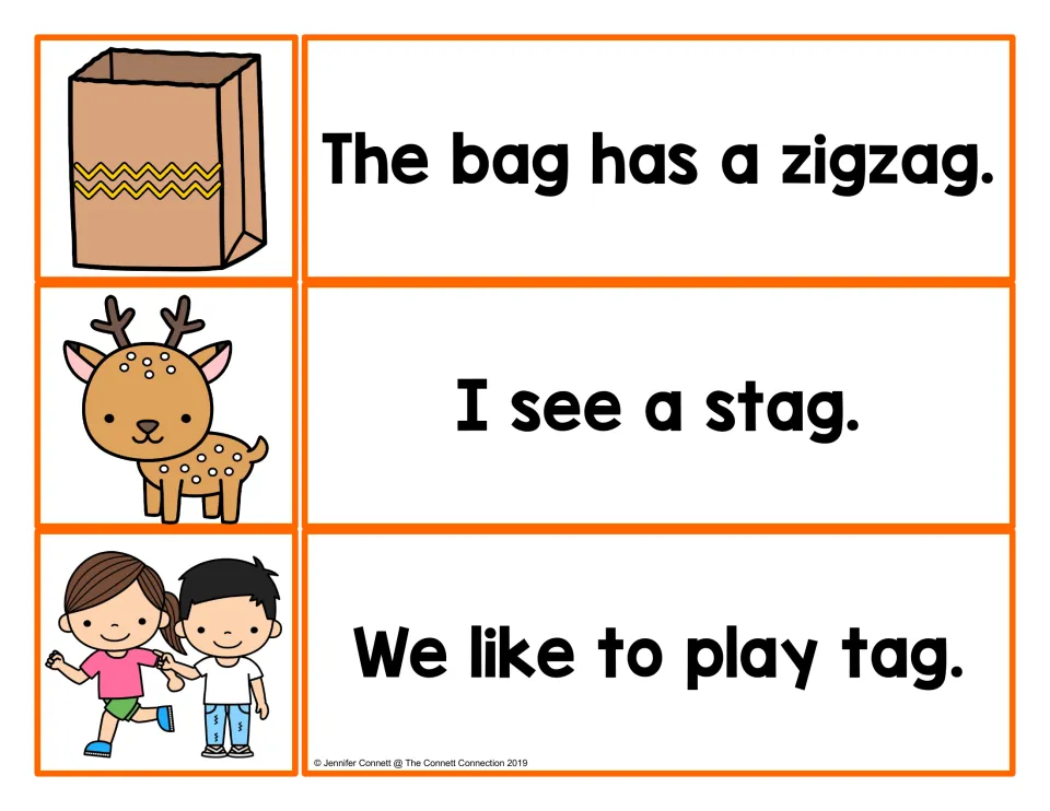 -ag word family matching: pair pictures of a zigzag bag, a stag and children at play with each short sentence
